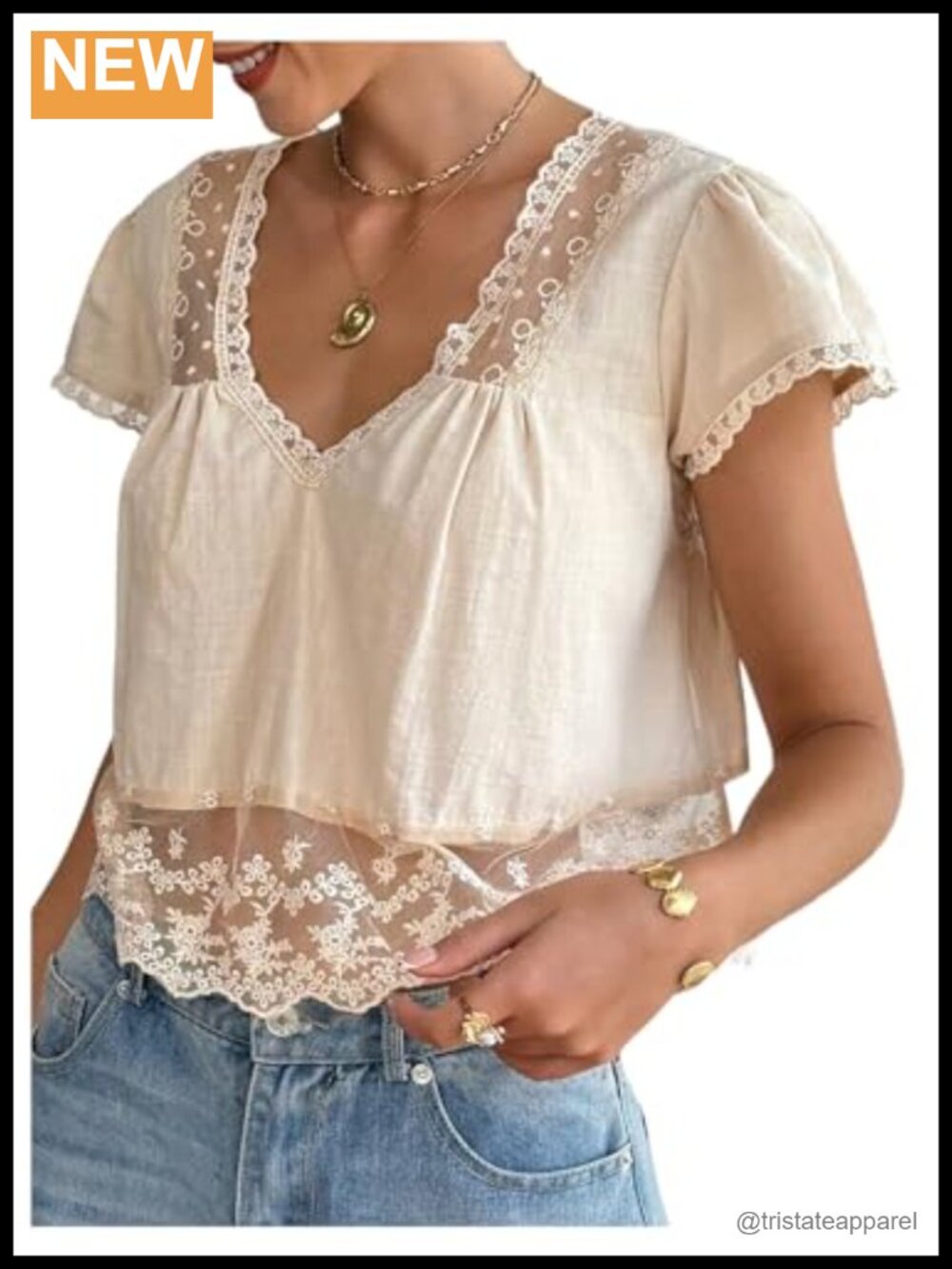 Lace Babydoll V-Neck Cap Sleeve Crop Top for Women